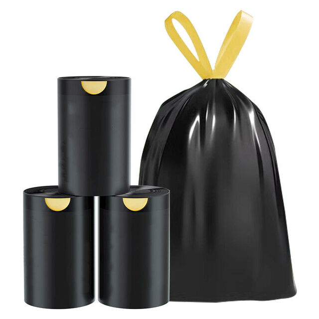 Bolsas de basura resistentes desechables con cordón, amarillas y negras de fábrica, rollo de bolsas de plástico para basura recicladas al por mayor