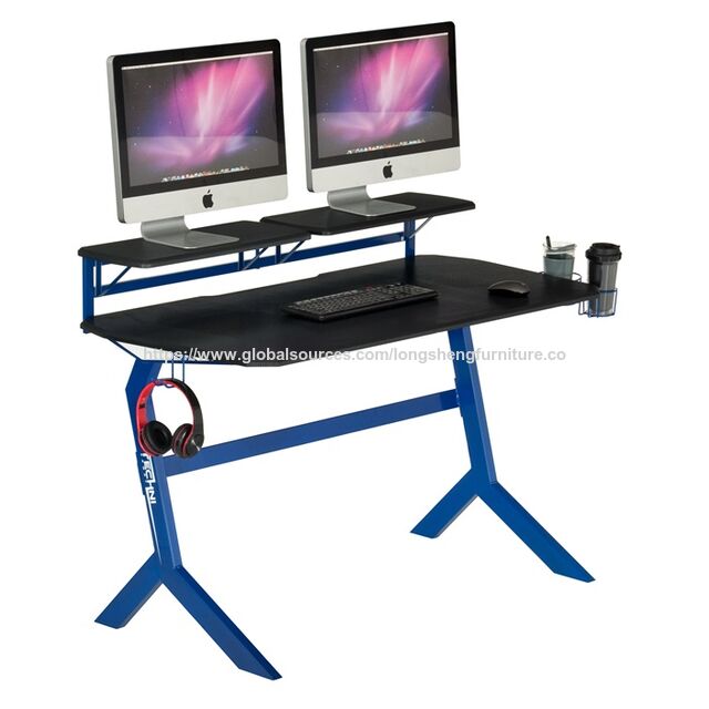 مكتب ألعاب Olin Blue Gamer مع سطح من ألياف الكربون، مكتب كمبيوتر منزلي مع حاملات شاشة وخطاف سماعة رأس for sale at factory direct price