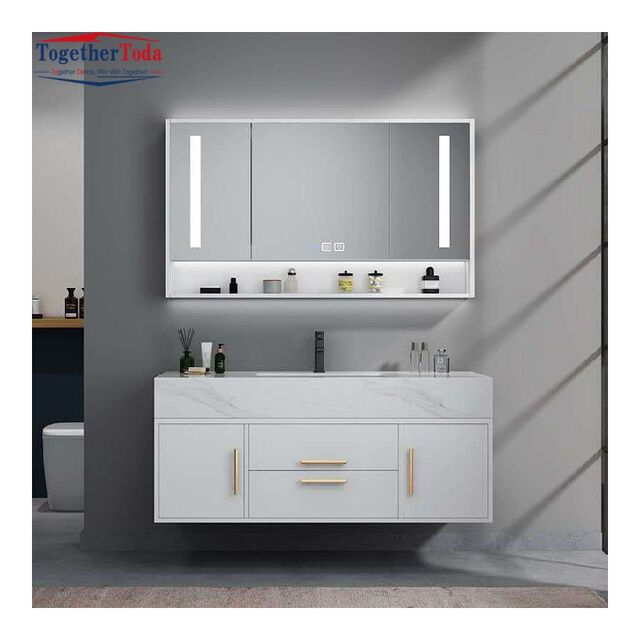 Ensemble de meuble-lavabo de salle de bain moderne avec meuble de bain mural en marbre et miroir LED pour salles de bain contemporaines for sale at factory direct price