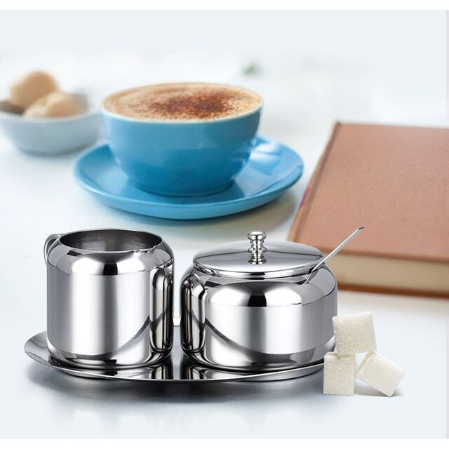 Zucker- und Sahnekännchen-Set aus Edelstahl, komplett mit Löffel und Tablett, Kaffeeservice-Set (Zucker & Sahne)