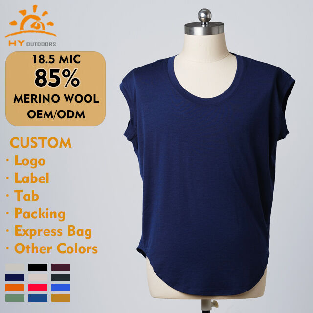 T-shirt en laine mérinos pour femme OEM 18.5MIC 85% en gros, conception sans manches respirante avec style de couleur unie pour l'été