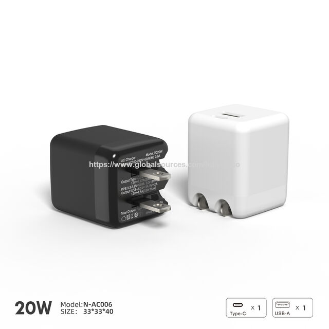 شاحن حائط سريع 20 واط معتمد من PSE، محول USB-C و USB-A، N-AC006A للاستخدام العالمي (100-240 فولت)