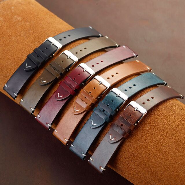 Bracelets de montre en cuir de vachette italien vintage ciré à l'huile et changeant de couleur, disponibles en sept couleurs.