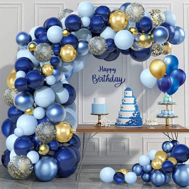 Heißer Verkaufs-Marineblauer Ballonbogen-Bausatz zum Geburtstag mit weißen Chromgold-Konfetti-Ballons für Partydekor Blaue Ballongirlanden