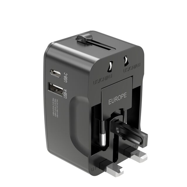 Universal-Reiseadapter & Spannungswandler All-in-One (110V-220V) | USB-C + USB-A Anschlüsse | Robustes ABS-Wandladegerät