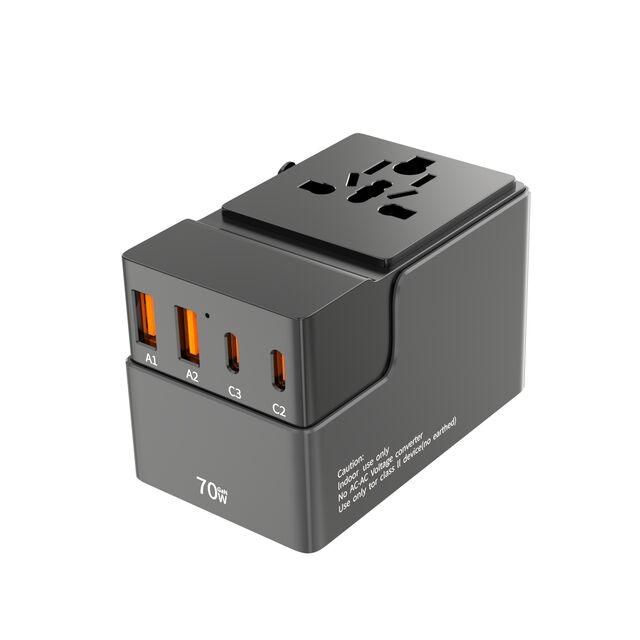 Foxcan GaN 2USB-C+2USB-A 70W Universal Einziehbarer Typ-C Reiseadapter PD QC3.0 Laptop mit Kabelstecker Frankreich Spanien Australien