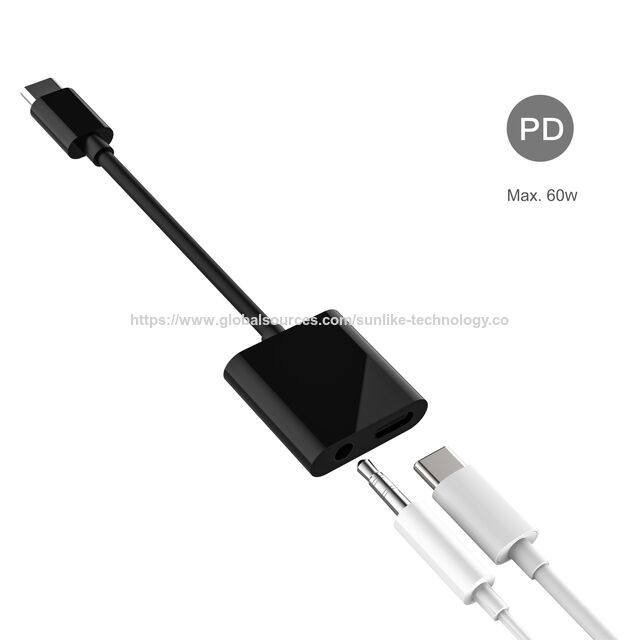 مصنع OEM، محول Sunlike Type C Audio + Charging بغلاف ABS، PD 60W، 2 في 1، شحن والاستماع إلى الموسيقى، غلاف ABS، صغير for sale at factory direct price