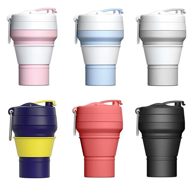 Tasse à café de voyage OEM d'usine, tasse pliable en silicone 180ml/250ml/350ml, gobelet pliable pour camping avec mousqueton for sale at factory direct price