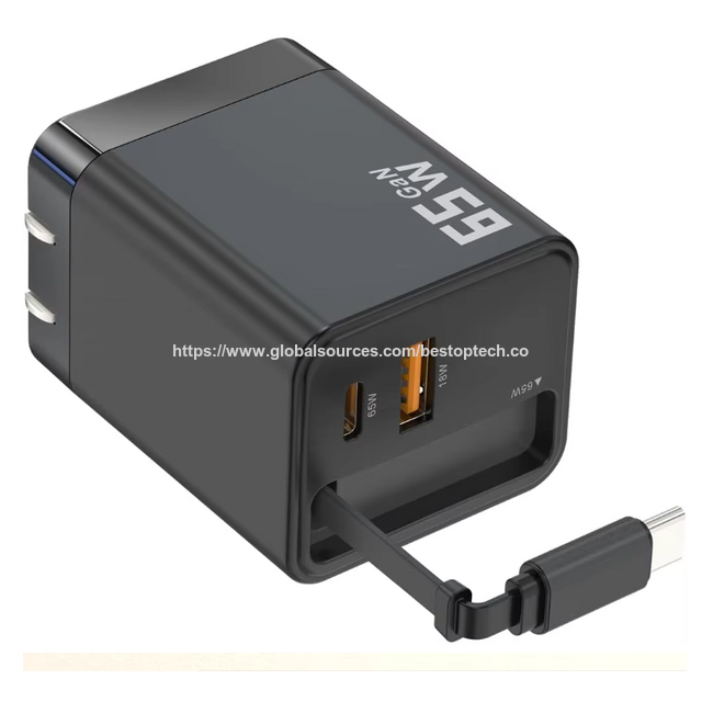 Carregador USB C de 65W GaN com plugue dobrável e cabo retrátil, bloco de carregamento rápido tipo C para iPhone 17 16 15 14 13 for sale at factory direct price