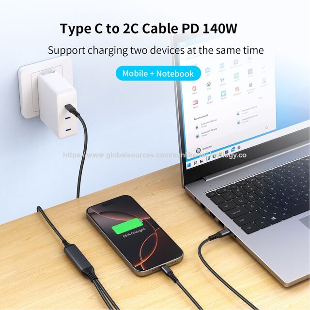 Type C to 2C Cable, Support charge two devices,type c cable, Intelligent distribution, PD 140W, data transfer function. ODM OEM for sale at factory direct price