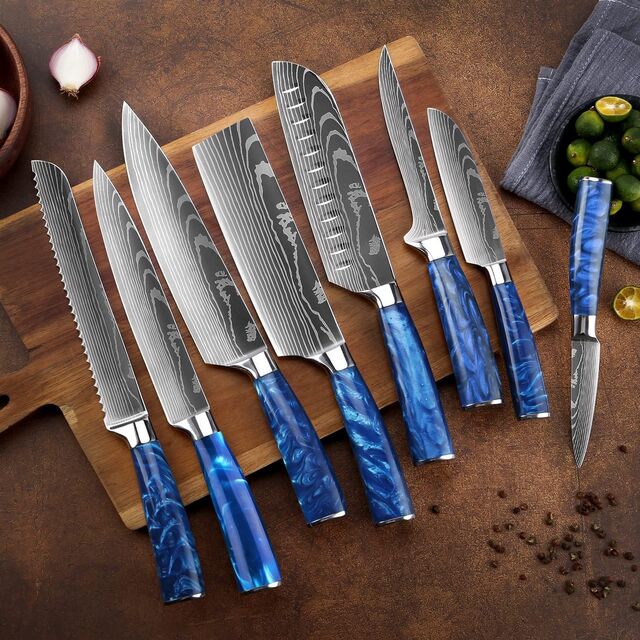 Ensemble de 10 Couteaux de Cuisine Damas avec Manches Ergonomiques en Résine Bleue for sale at factory direct price