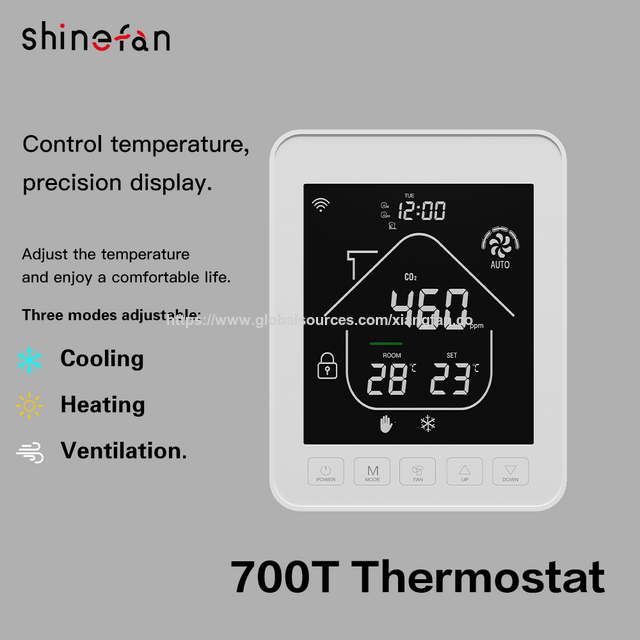 Thermostat d'ambiance numérique WiFi HVAC FCU avec contrôle de la température et affichage du CO2 PM2.5, Thermostat intelligent Tuya pour climatiseur