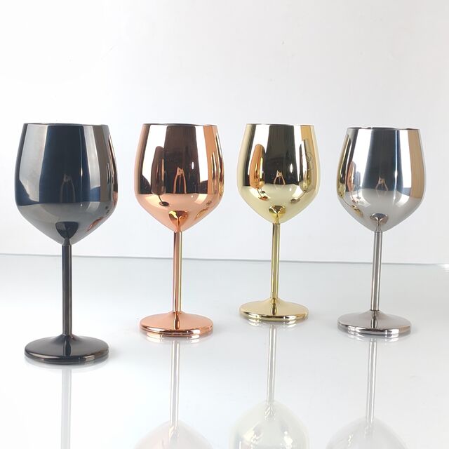 Venta al por mayor de copas de vino de acero inoxidable 304 de 500 ml para bodas, copas irrompibles con baño de cobre en forma de tambor de gran capacidad personalizadas directamente de fábrica
