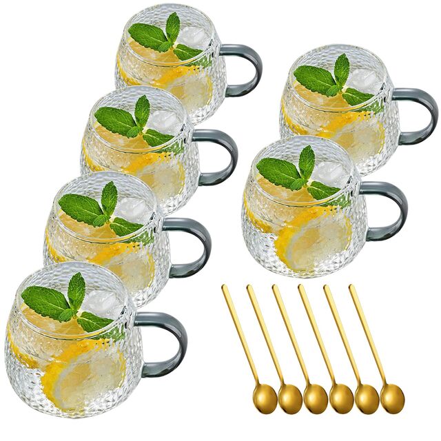 Viovian 15oz Glass Coffee Mugs Set of 6 Vintage Coffee Cups With Handles,Embossed Glass Mug for Hot Cold Beverage for sale at factory direct price