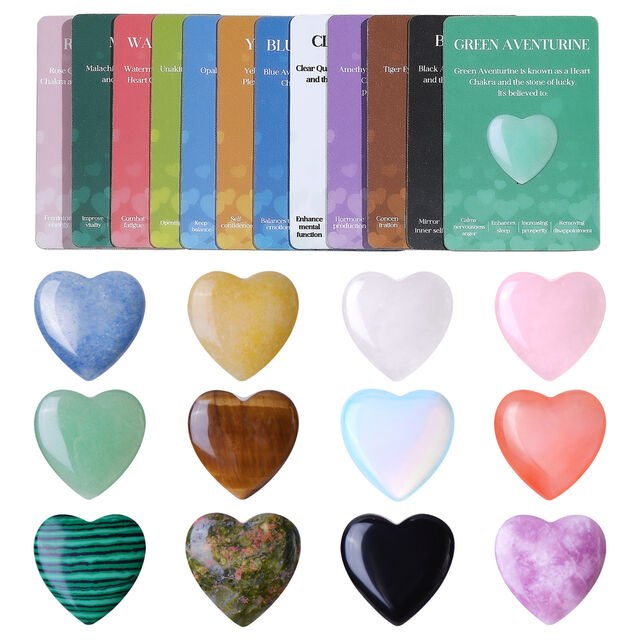 Tarjetas de Piedras de Cristal Natural en Forma de Corazón - Intercambio de Regalos para el Día de San Valentín y Fiestas Escolares, 12 unidades