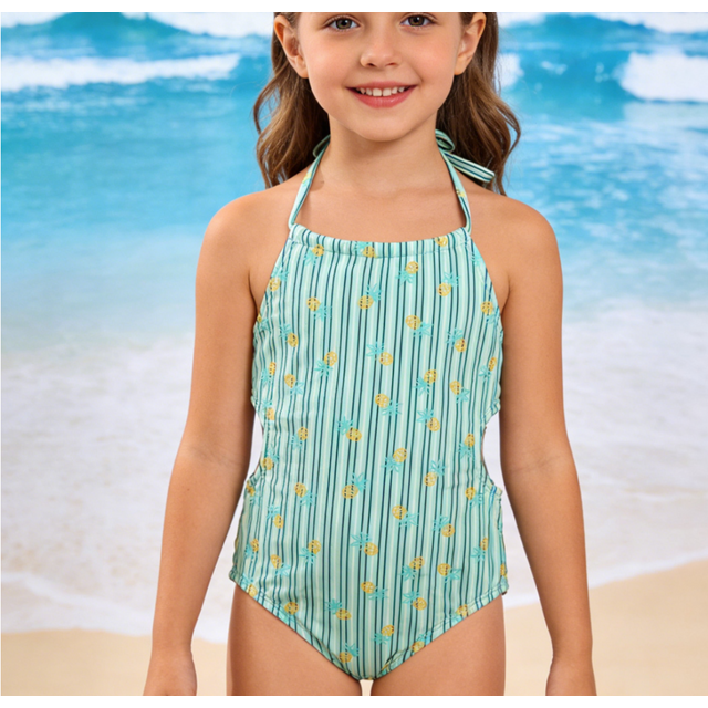 Fato de Banho de Uma Peça com Halter para Meninas, Estampa de Abacaxi com Listras Turquesa, Design Vazado, Roupa de Praia Sem Costas para Crianças