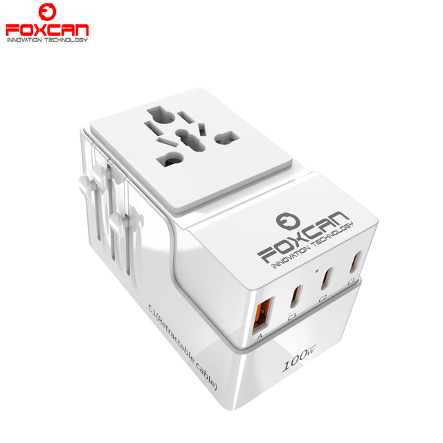 Foxcan Adaptador de Viaje Universal Multipropósito de Carga Rápida de 4 Puertos, Mini Adaptador de Viaje GaN de 100W Todo en Uno