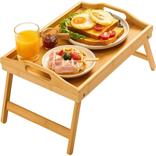 Bandeja de Cama de Bambú Ecológica, Bandeja de Madera, Mesa de Ordenador Simple de Bambú para Servir el Desayuno, Mesa Plegable de Madera Pulida
