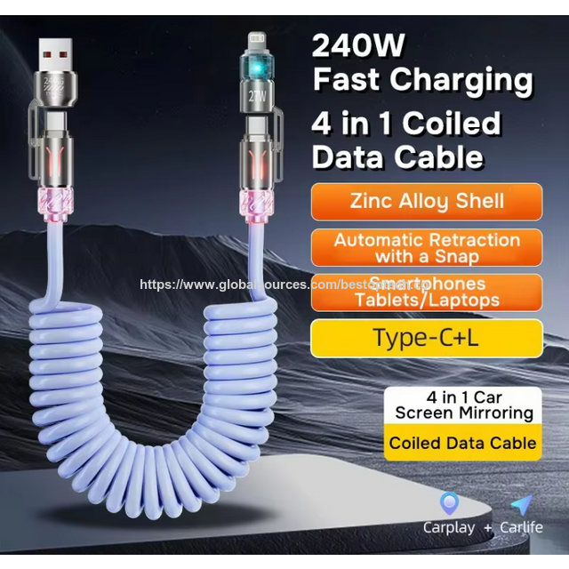 كابل شحن سريع USB إلى النوع C 4 في 1 للسيارة، 2 متر، 240 واط، كابل بيانات سريع زنبركي للسيارة لهواتف iPhone 15 16 17 واللابتوبات والتابلت for sale at factory direct price