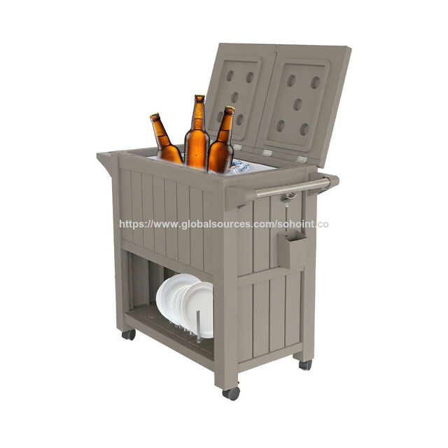 Chariot de service 3-en-1 avec texture de bois, table de rangement et de préparation, seau à glace de 80 L, refroidisseur, chariot roulant avec quatre roues.