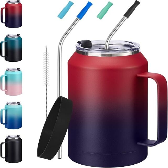 Mug Travel Mulut Lebar Stainless Steel Premium 32/50 Oz dengan Gagang & Sedotan - Tumbler Reusable Insulasi Vakum Dinding Ganda for sale at factory direct price