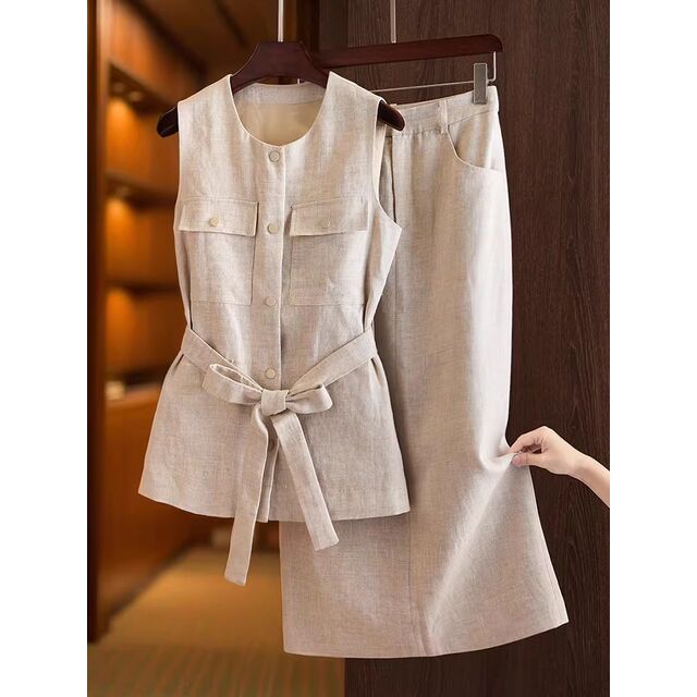 Ensemble jupe longue de haute qualité, nouvelle collection printemps 2026, vêtements pour femmes avec poches et patchwork. Chemisier en lin + jupe en lin mi-mollet. for sale at factory direct price