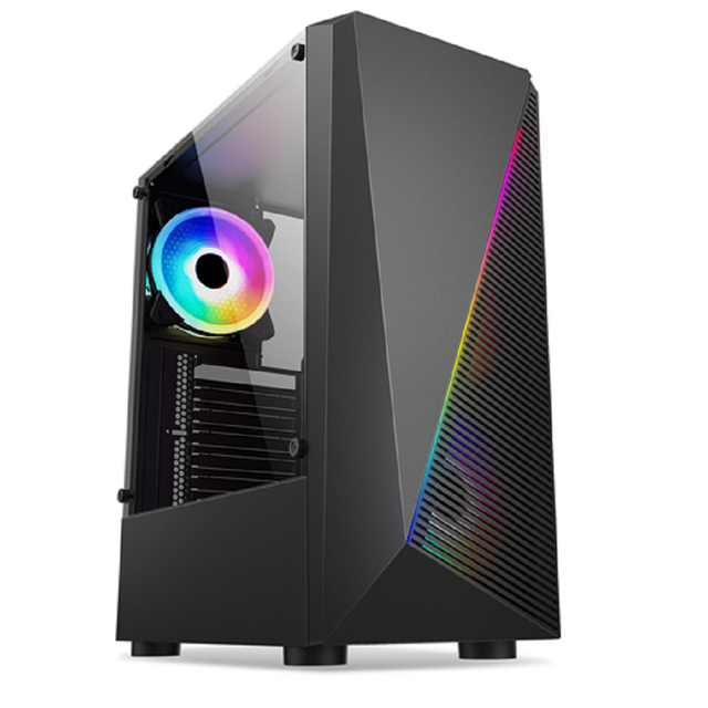 Boîtier gaming ATX moyen tour avec panneau latéral en verre trempé, éclairage frontal RGB personnalisable et 7 slots d'extension for sale at factory direct price