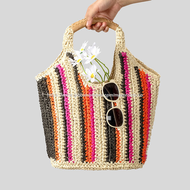 Prix usine, OEM, sac de plage en paille de papier, sac de paille pour femme avec motif rayé à la mode