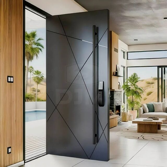 Moderne schwarze Aluminium-Eingangstür mit geometrischem Design, Smart Lock, hochsichere, stahlverstärkte Haustür für Haus & Villa