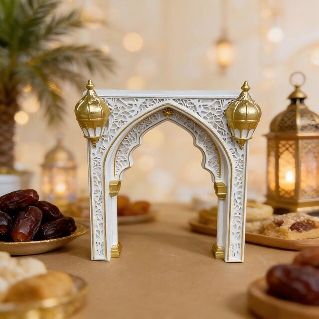 Islamic Eid Al-Fitr Archway Ornament - White Gold Hollowed Mughal Style Mosque Decor for Ramadan Kareem Festival Home Decorations for sale at factory direct price
