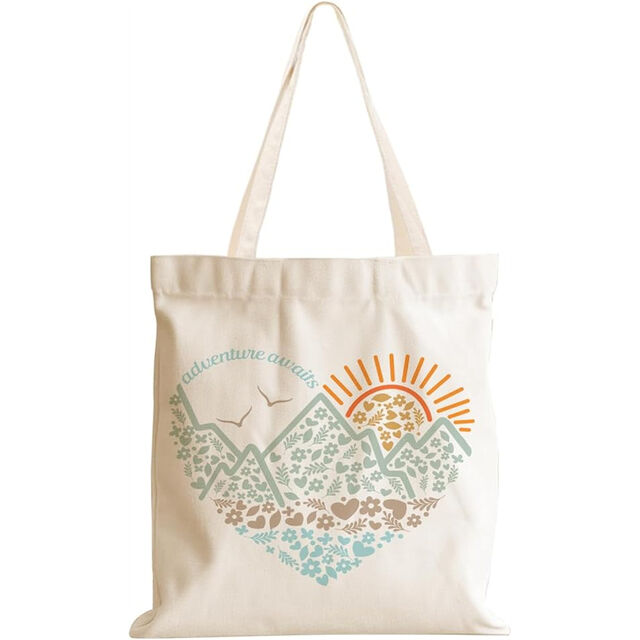 Sac fourre-tout en toile motif montagne aventure et soleil - Cadeaux de camping, sac de week-end, sacs d'épicerie pour femmes et filles