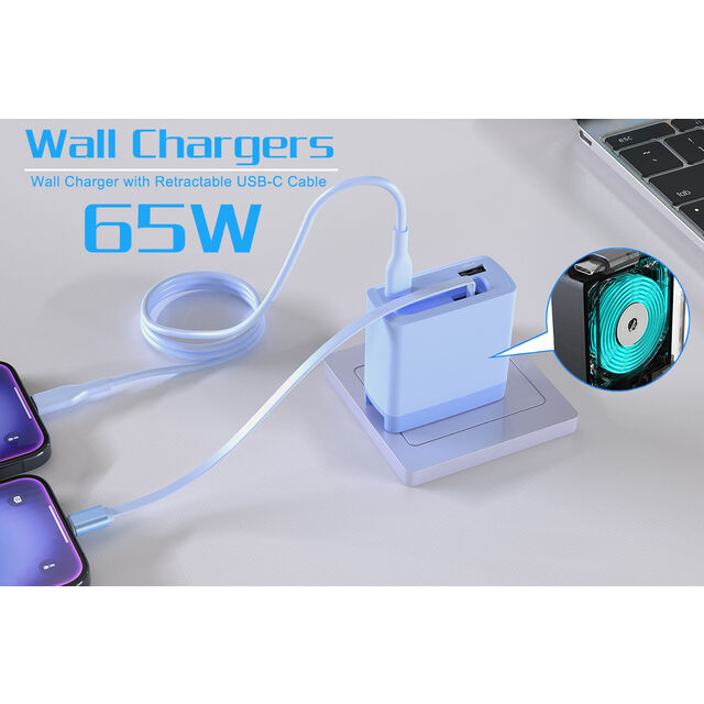Cargador de pared USB-C PD / GaN de 65W con 1 juego de cable USB-C retráctil + puerto USB-C/USB-A