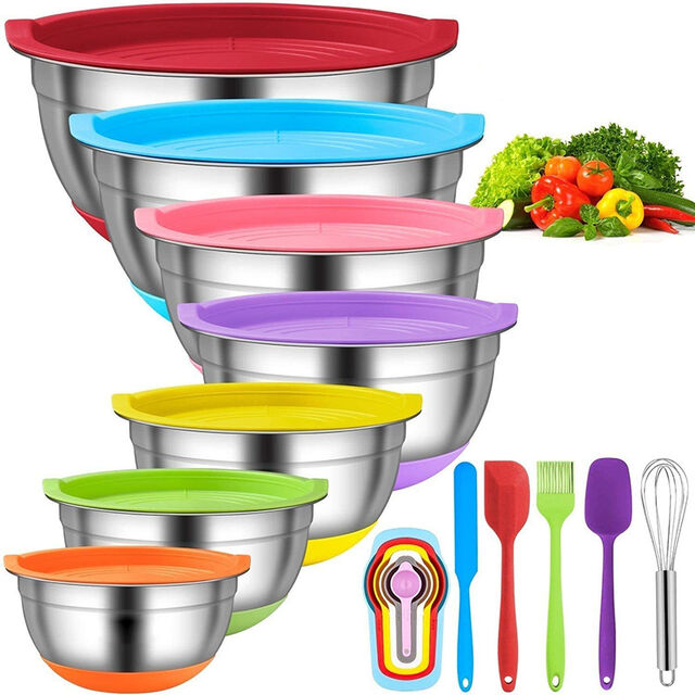 Nova Tigela de Salada com Fundo de Silicone e Tampa, Conjunto de Tigelas para Cozinhar e Assar, Tigela Multiusos de Aço Inoxidável para Bater Ovos
