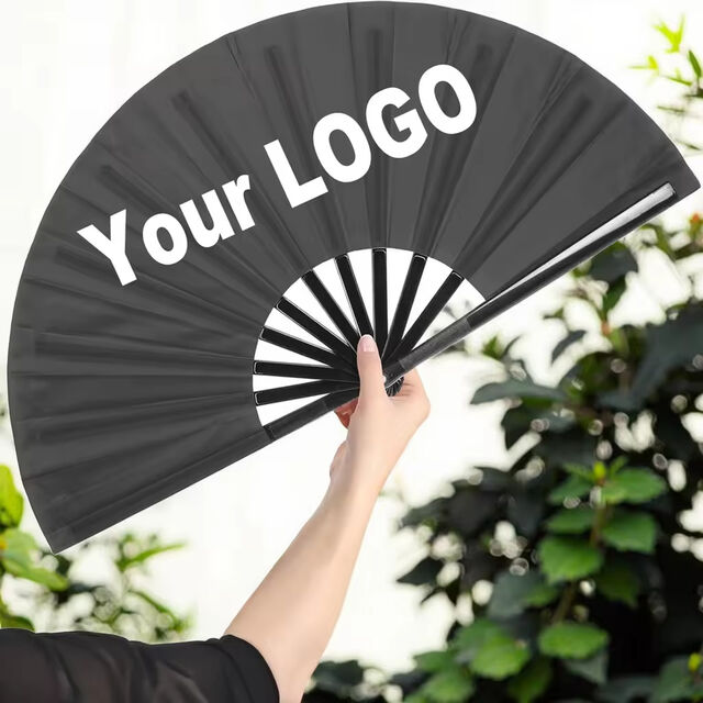 Abanico de Mano Plegable de Bambú y Madera Negra con Decoración e Impresión de Logotipo Personalizado