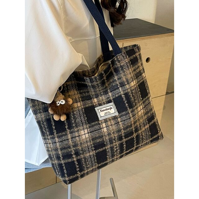 Bolsa xadrez de grande capacidade, bolsa de ombro de lã outono/inverno