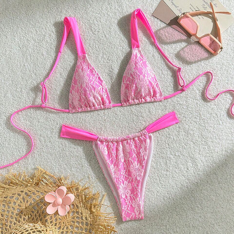 Set Bikini String Dua Potong Wanita, Baju Renang Wanita Lapisan Luar Renda Berkualitas Tinggi, Segitiga, Cup Lepas Pasang