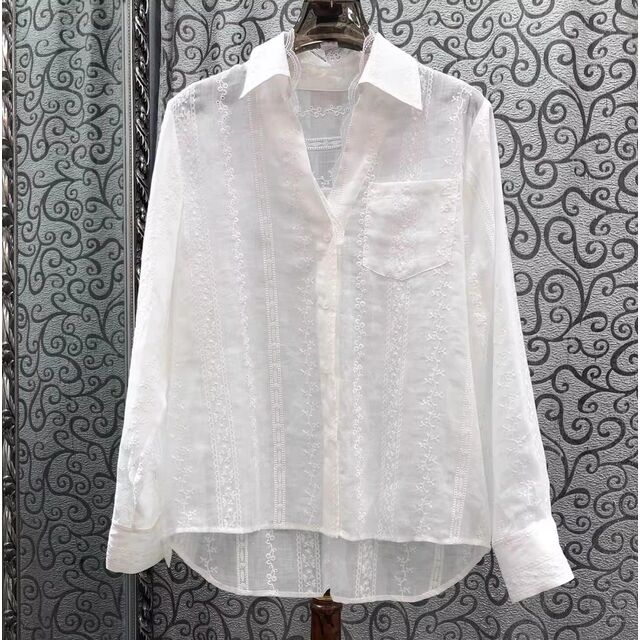 Camisas 100% Ramio Estilo Primavera Verano 2026 para Mujer, Cuello Solapa, Encaje Bordado, Manga Larga, Camisas Blancas Elegantes for sale at factory direct price