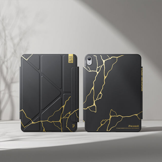 Étui de Tablette en Cuir Multi-Plis Ultra-Fin Plaqué Or pour iPad Pro 12.9 3/4/5/6ème Génération avec Boucle, Étui de Luxe Pliable Multi-Angle