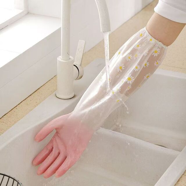 Sarung Tangan Musim Dingin Wanita untuk Keperluan Rumah Tangga, Lapisan Bulu Domba, Panjang, Karet untuk Mencuci Piring, Tahan Air, PVC, Manset Elastis, Sarung Tangan Dapur Awet