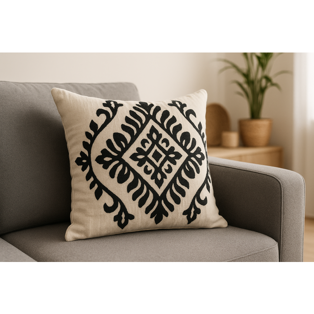 Funda de Cojín Bordada / Estampada Geométrica Negra y Crema - Cojín Moderno Estilo Bohemio Tribal (Calidad Exportación)