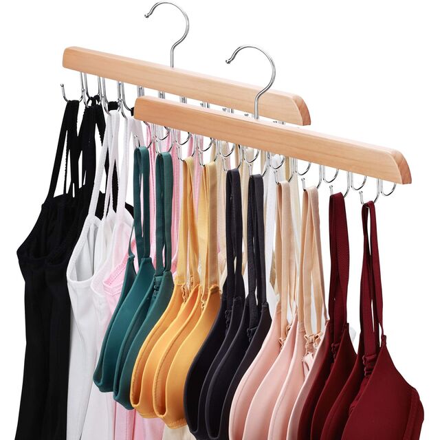 2er Pack BH-Kleiderbügel aus Holz mit 36 klappbaren Haken, drehbarer Schrankorganizer für Tanktops, BHs, Schals