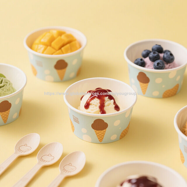 Gobelets en Papier Personnalisés 8 oz pour Glace, pour Servir des Sundaes avec Cuillères et Couvercles Dôme, Gobelets en Papier Biodégradables for sale at factory direct price