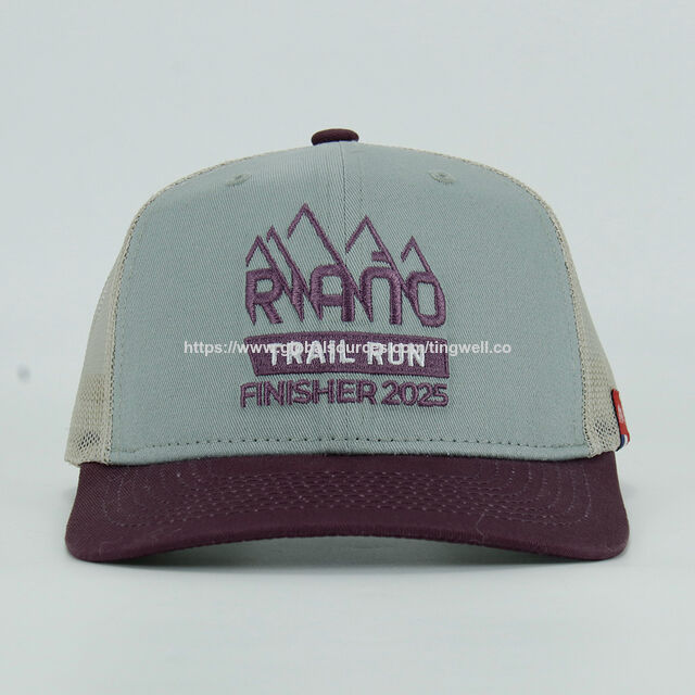 Casquette Trucker RIO TRAIL RUN FINISHER 2025 Gris Clair Coton Devant avec Visière Bordeaux - Parfait pour les Coureurs de Trail et les Participants à l'Événement for sale at factory direct price