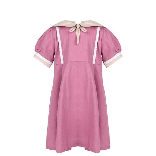 Fabricante Vietnamita Vestidos Dulces Rosas para Bebés Niña con Cuello Redondo, 2 Rayas Blancas - Vestidos de Niña de Flores - Vestido de Lino