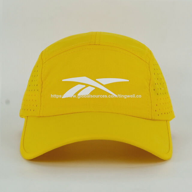 Bright Yellow Performance Cap with White Vector Logo Laser Perforated Ventilation Ideal for Running Training and Outdoor Sports for sale at factory direct price