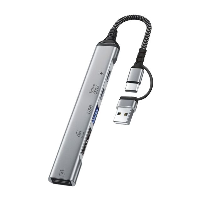 Großhandel Fabrik Typ C + USB-A 5-in-1-Erweiterungs-Hub mit Aluminiumlegierungsgehäuse und SD-Kartenleserfunktion.