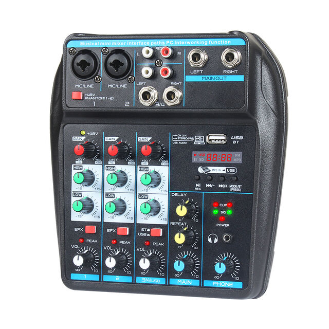 خلاط صوت احترافي صغير 4 قنوات، لوحة صوت مع USB رقمي، بلوتوث، تأثير صدى وتأخير for sale at factory direct price