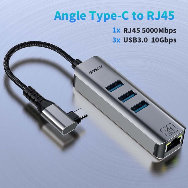Adaptador Hub Tarjeta de Red en Ángulo Tipo-C a 5000Mbps con Puertos USB 3.2 10Gbps Convertidor Divisor Ethernet Externo para Laptops
