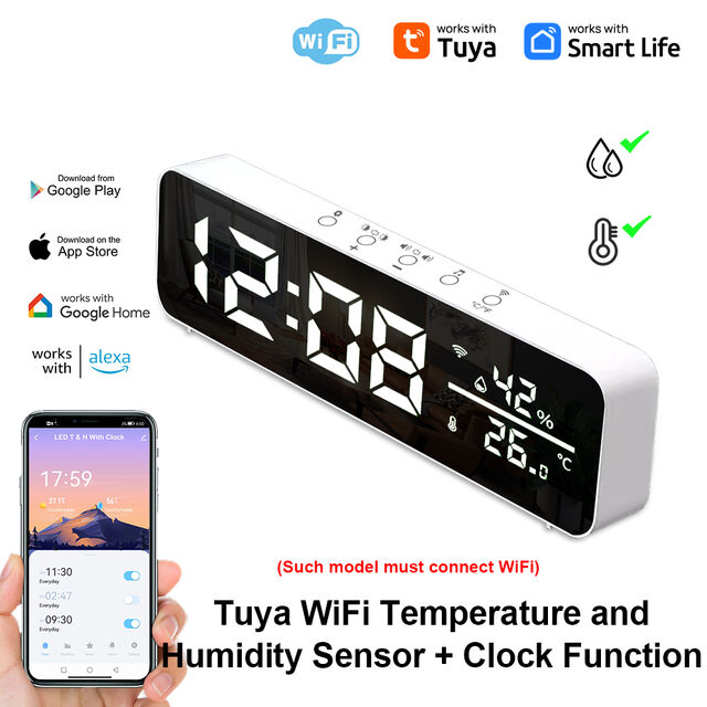 Sensor de Temperatura e Umidade WiFi Tuya, Display de Relógio Eletrônico Despertador, Relógio LED de Mesa USB com Espelho para Sala de Estar e Escritório for sale at factory direct price