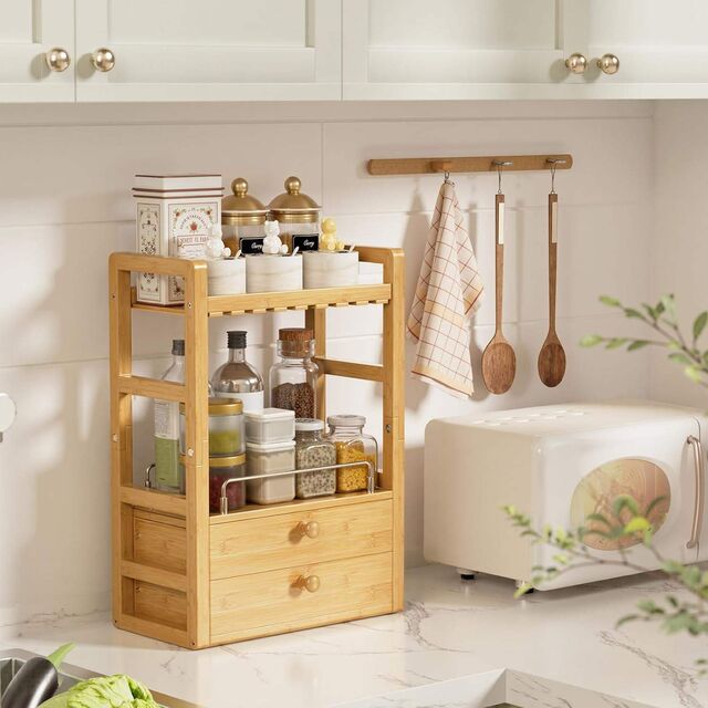 Armário de Armazenamento Multifuncional de Bambu para Temperos de Cozinha, Artigos de Higiene Pessoal e Cosméticos